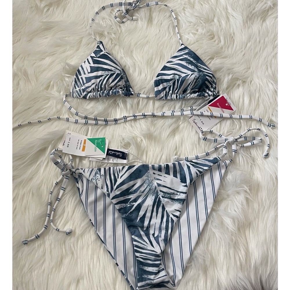 Splendid Bikini blue palm stripe reversible triangle tie sides S